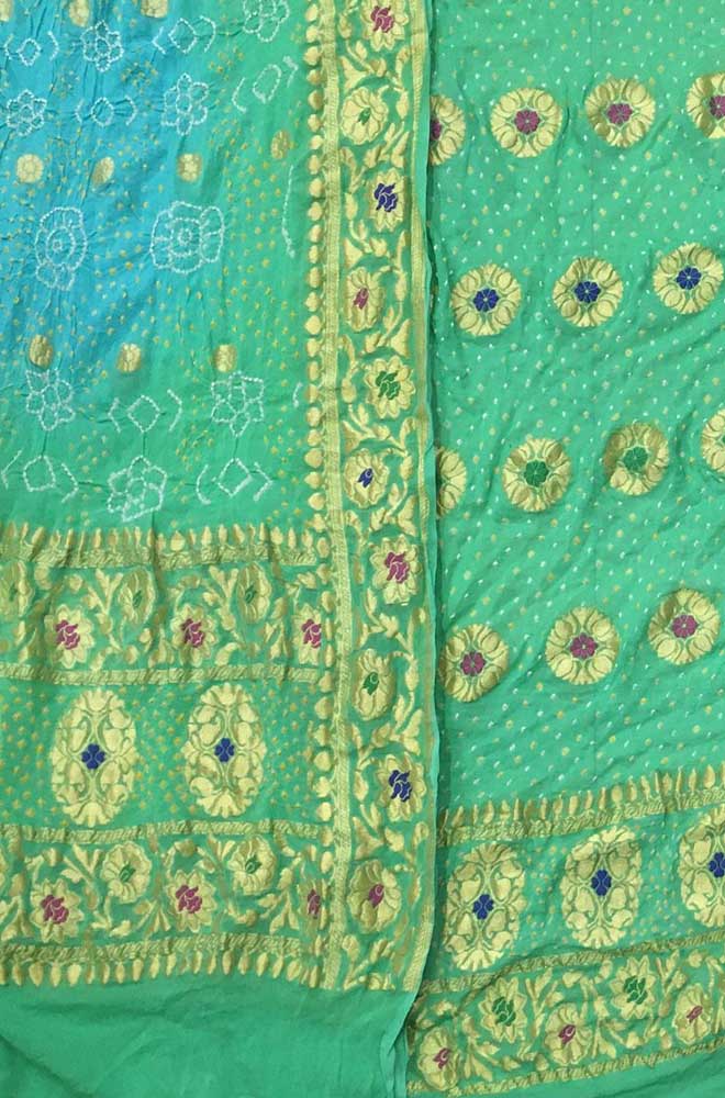 Blue Banarasi Bandhani Pure Georgette Three Piece Unstitched Suit Set - Luxurion World