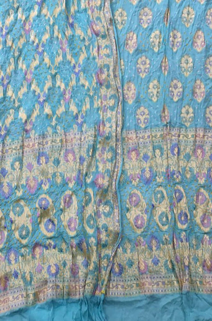 Blue Banarasi Bandhani Pure Georgette Three Piece Unstitched Suit Set - Luxurionworld