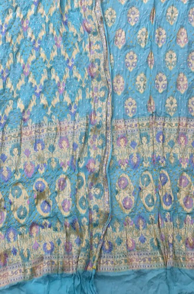 Blue Banarasi Bandhani Pure Georgette Three Piece Unstitched Suit Set - Luxurion World