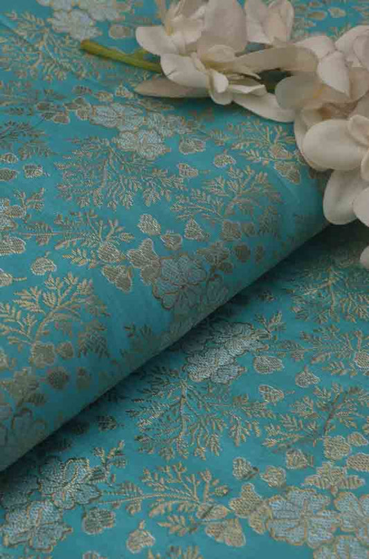 Blue Banarasi Brocade Silk Fabric (  1 Mtr ) - Luxurion World