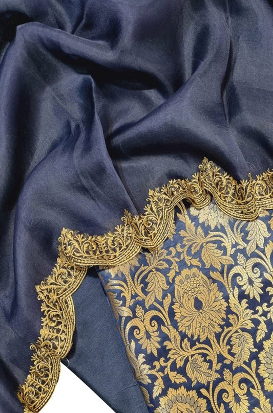 Blue Banarasi Brocade Silk Three Piece Unstitched Suit Set With Embroidered Dupatta - Luxurion World