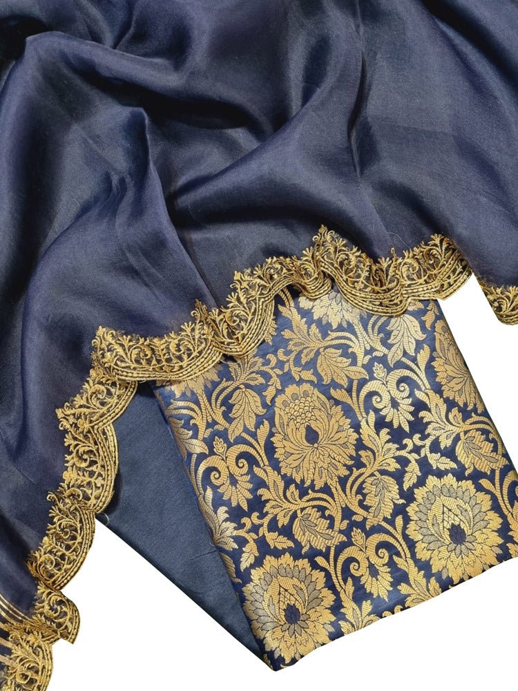 Blue Banarasi Brocade Silk Three Piece Unstitched Suit Set With Embroidered Dupatta - Luxurion World