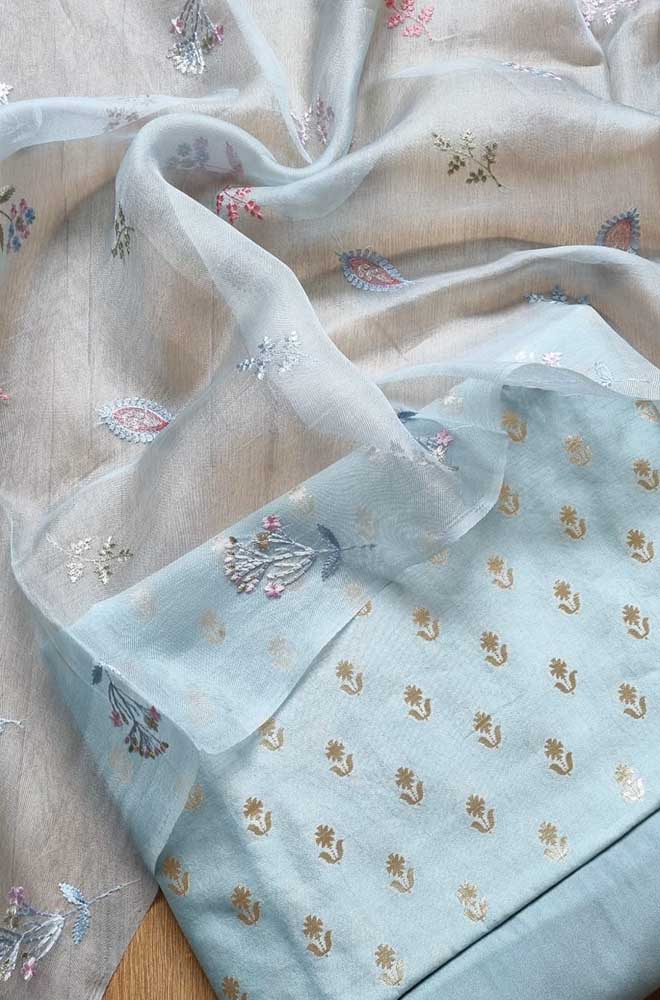 Blue Banarasi Chiniya Silk Three Piece Unstitched Suit Set - Luxurion World