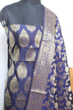 Blue Banarasi Cotton Silk Three Piece Unstitched Suit Set - Luxurion World