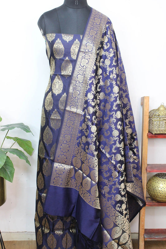 Blue Banarasi Cotton Silk Three Piece Unstitched Suit Set - Luxurion World