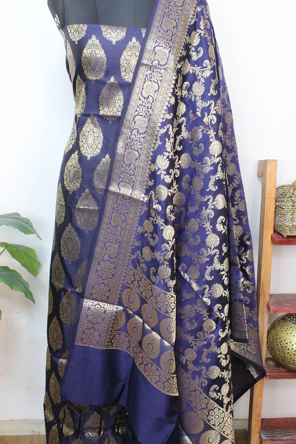 Blue Banarasi Cotton Silk Three Piece Unstitched Suit Set