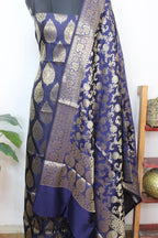 Blue Banarasi Cotton Silk Three Piece Unstitched Suit Set - Luxurion World