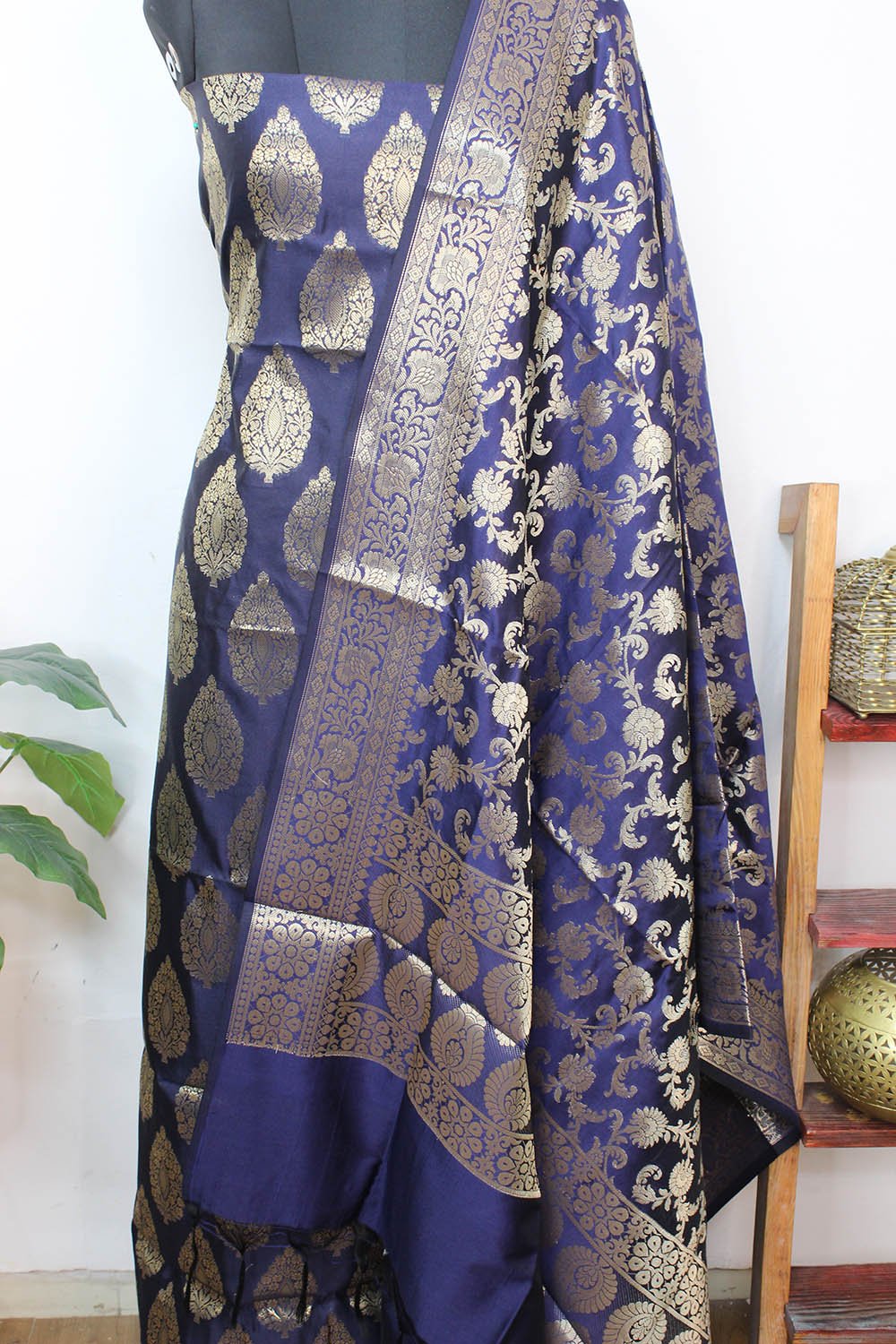 Blue Banarasi Cotton Silk Three Piece Unstitched Suit Set - Luxurion World