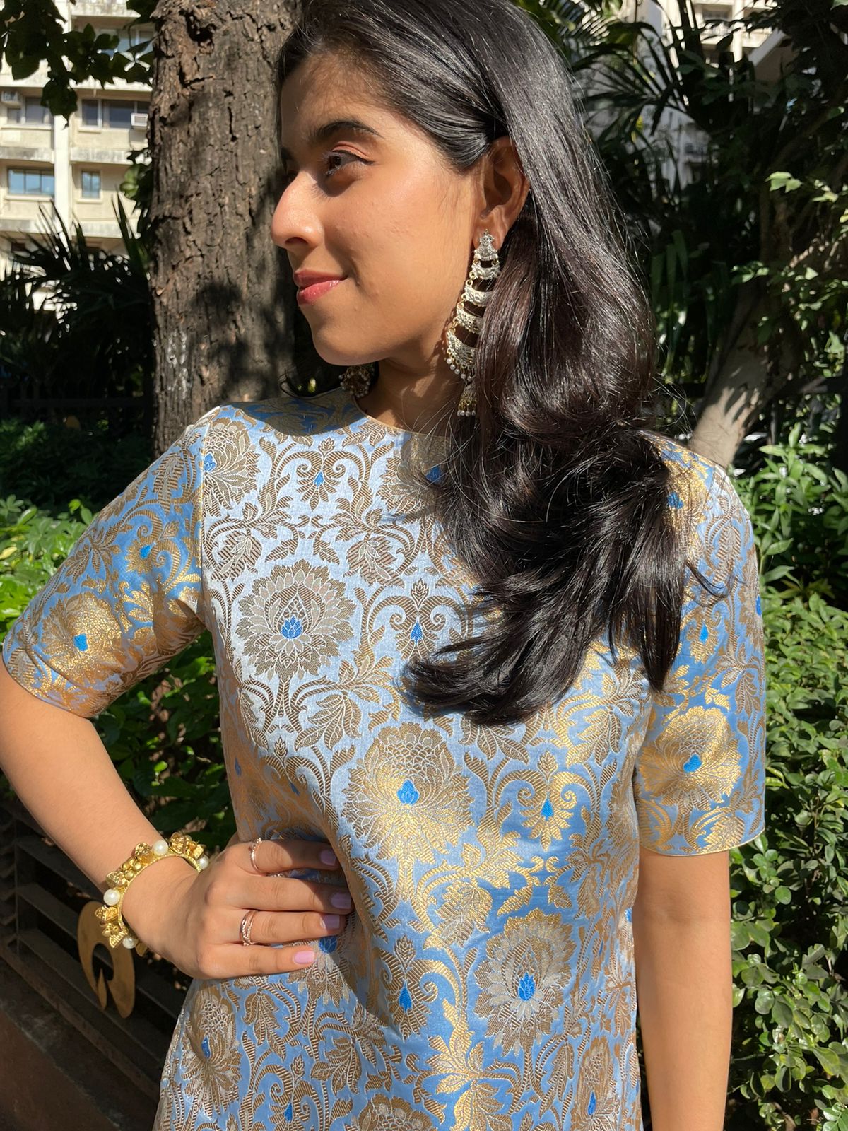 Formal Wear 34th Sleeve Tripta  Banarasi Front Slit Printed Kurti With  Sharara