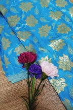 Blue Banarasi Kimkhwab Silk Fabric  ( 1 Mtr ) - Luxurion World