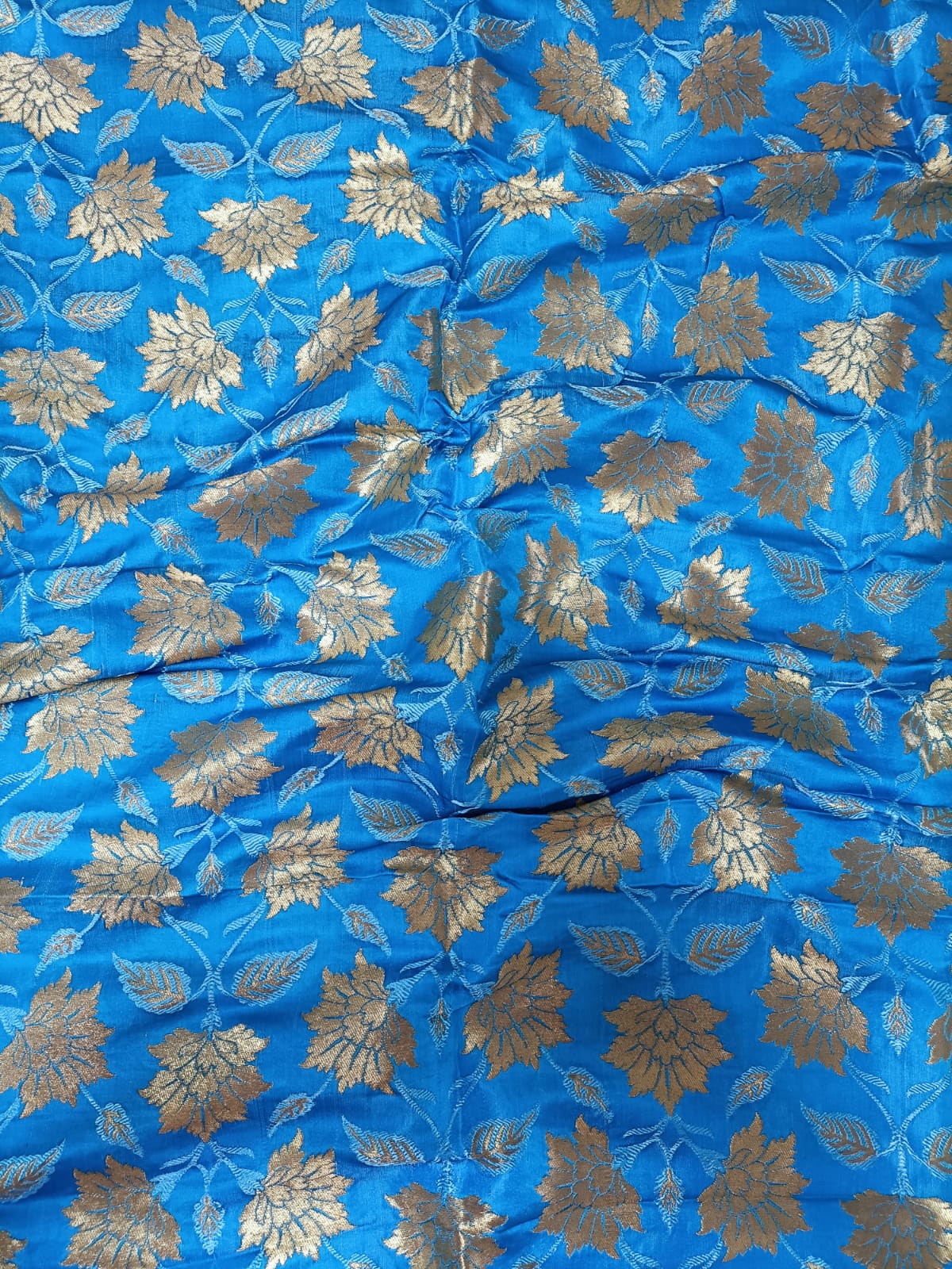 Blue Banarasi Kimkhwab Silk Fabric  ( 1 Mtr ) - Luxurion World