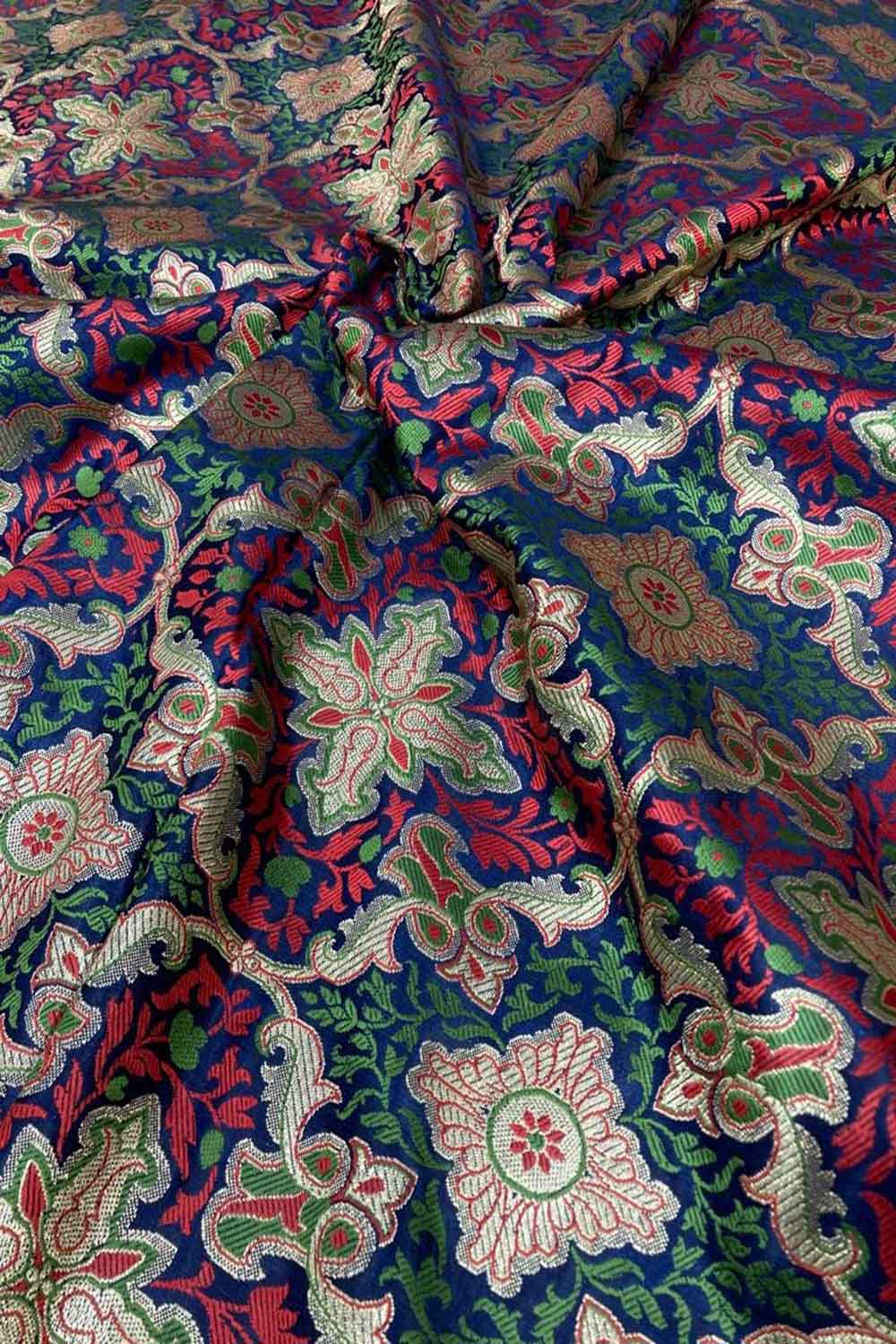 Blue Banarasi Kimkhwab Silk Fabric  ( 1 Mtr ) - Luxurion World