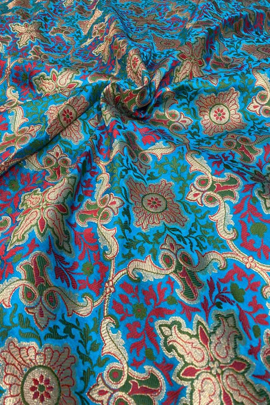 Blue Banarasi Kimkhwab Silk Fabric  ( 1 Mtr ) - Luxurion World