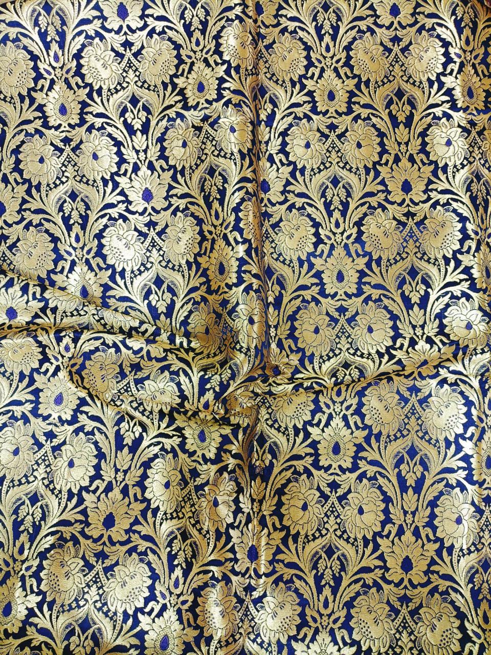 Blue Banarasi Kimkhwab Silk Meenakari Fabric  ( 0.5 Mtr ) - Luxurion World