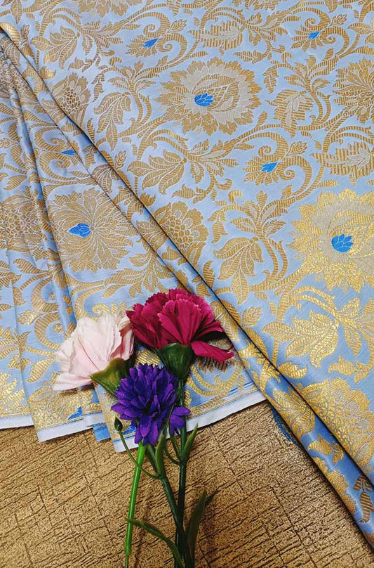 Blue Banarasi Kimkhwab Silk Meenakari Fabric  ( 1 Mtr ) - Luxurion World
