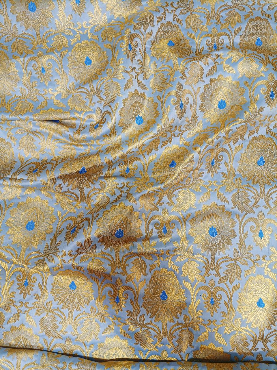 Blue Banarasi Kimkhwab Silk Meenakari Fabric ( 1 Mtr ) - Luxurionworld
