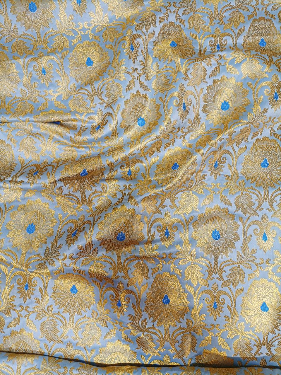 Blue Banarasi Kimkhwab Silk Meenakari Fabric  ( 1 Mtr ) - Luxurion World