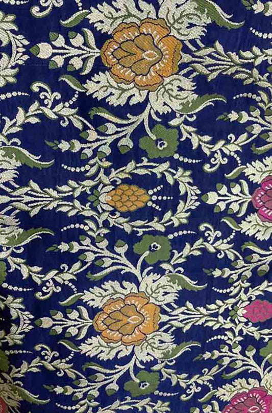 Blue Banarasi KimKhwab Silk Meenakari Fabric ( 1 Mtr ) - Luxurion World