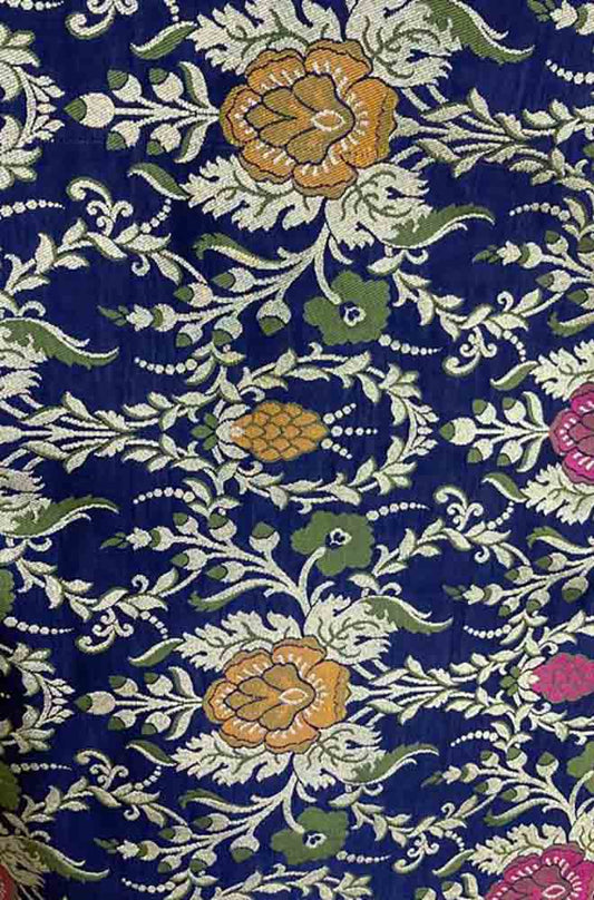 Blue Banarasi KimKhwab Silk Meenakari Fabric ( 1 Mtr ) - Luxurion World