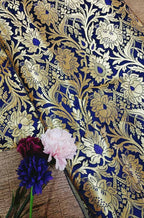 Blue Banarasi Kimkhwab Silk Meenakari Fabric  ( 0.5 Mtr ) - Luxurion World