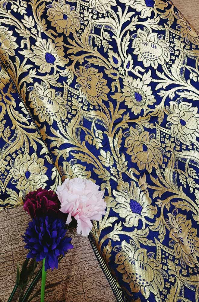 Blue Banarasi Kimkhwab Silk Meenakari Fabric  ( 0.5 Mtr ) - Luxurion World