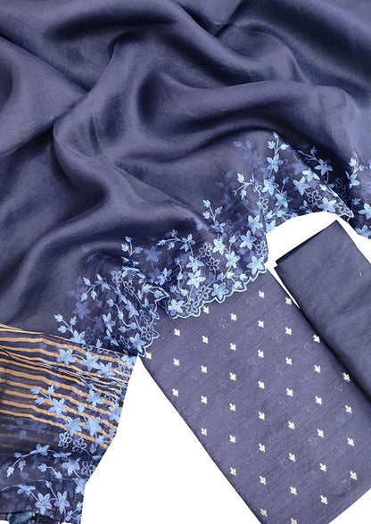 Blue Banarasi Moonga Silk Three Piece Unstitched Suit Set - Luxurion World