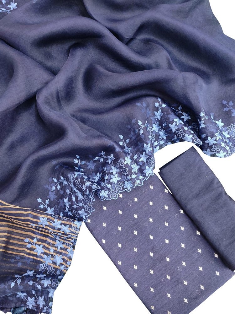 Blue Banarasi Moonga Silk Three Piece Unstitched Suit Set - Luxurion World