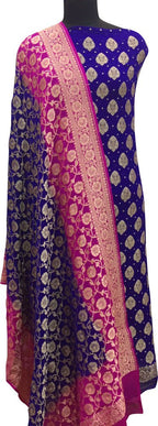 Blue Banarasi Pure Georgette Two Piece Unstitched Leaf Design Suit Set - Luxurion World
