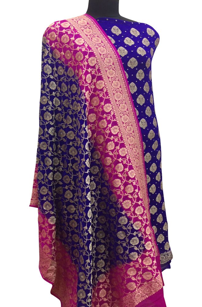 Blue Banarasi Pure Georgette Two Piece Unstitched Leaf Design Suit Set - Luxurion World