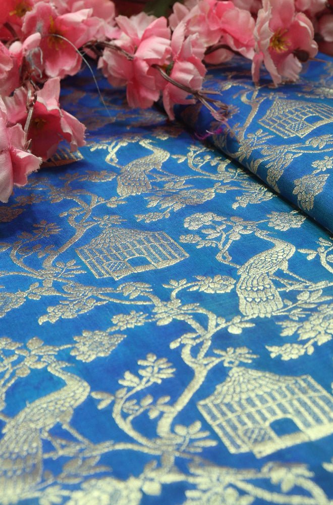 Blue Banarasi Silk Fabric  ( 1 Mtr) - Luxurion World