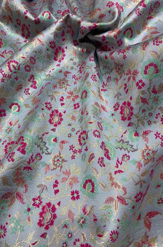 Blue Banarasi Silk Meenakari Floral Design Fabric ( 1 Mtr ) - Luxurion World