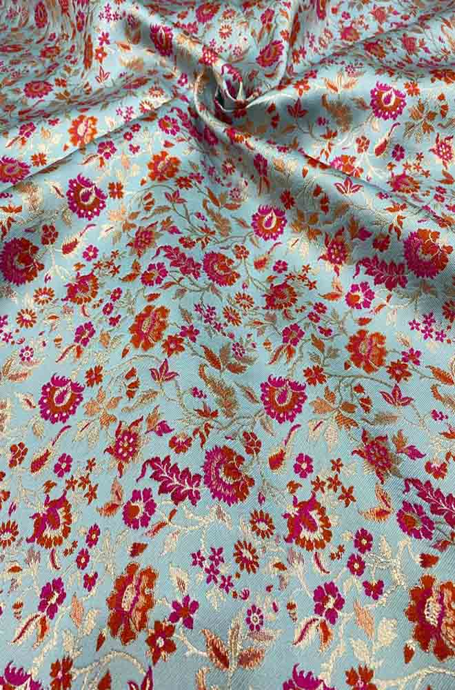 Blue Banarasi Silk Meenakari Floral Design Fabric ( 1 Mtr ) - Luxurion World