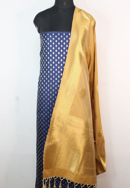 Blue Banarasi Silk Suit With Cream Banarasi Silk Dupatta - Luxurion World
