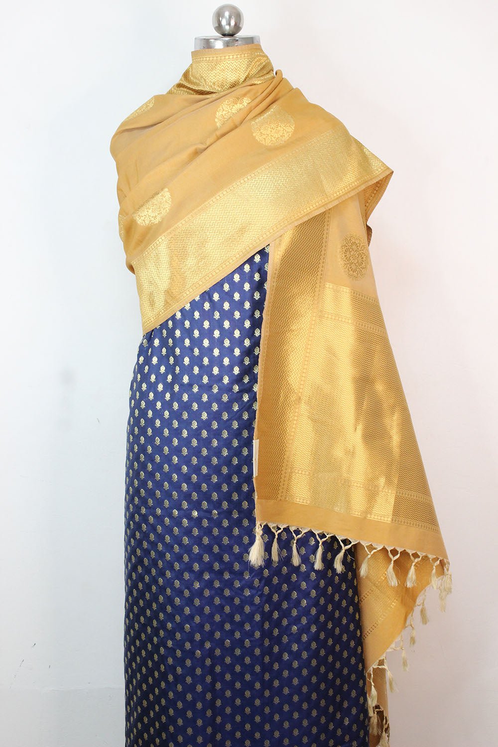 Blue Banarasi Silk Suit With Cream Banarasi Silk Dupatta - Luxurion World