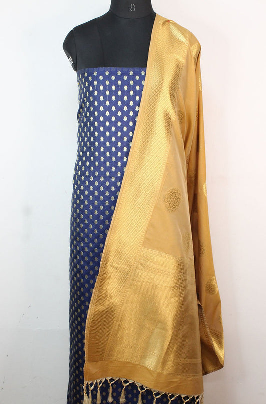 Blue Banarasi Silk Suit With Cream Banarasi Silk Dupatta - Luxurion World