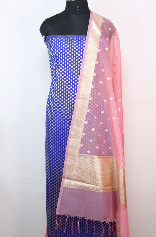 Blue Banarasi Silk Suit With Pink Banarasi Organza Dupatta - Luxurion World