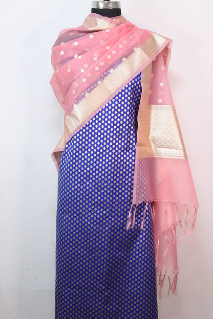 Blue Banarasi Silk Suit With Pink Banarasi Organza Dupatta