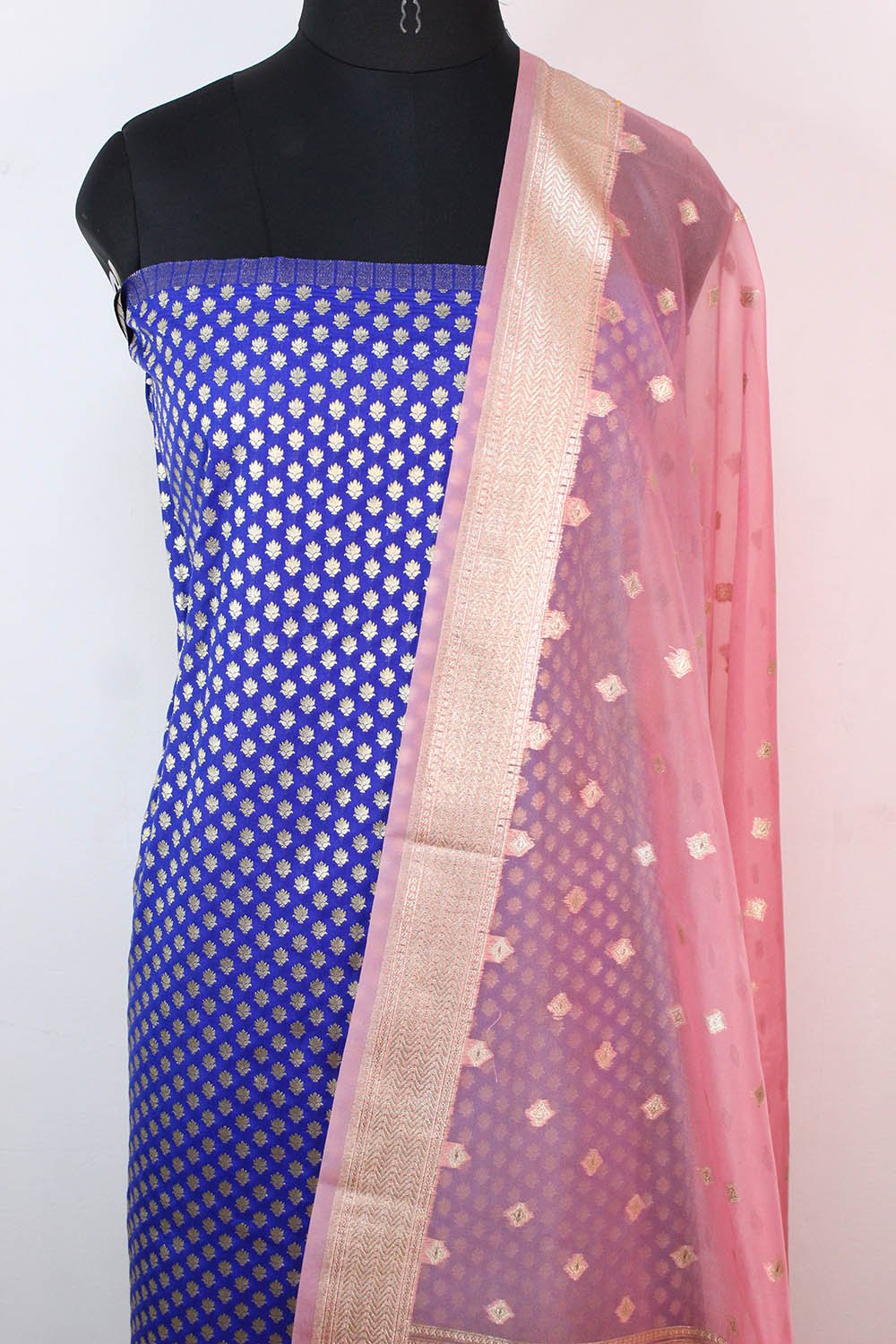 Blue Banarasi Silk Suit With Pink Banarasi Organza Dupatta - Luxurion World