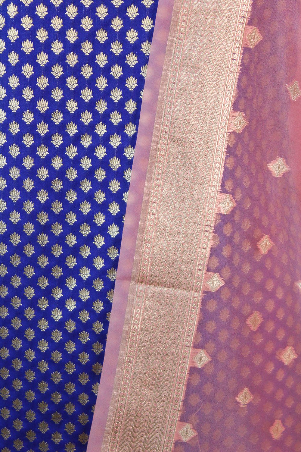 Blue Banarasi Silk Suit With Pink Banarasi Organza Dupatta