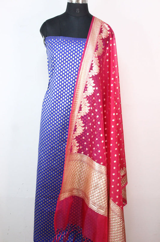 Blue Banarasi Silk Suit With Pink Banarasi Organza Dupatta - Luxurion World