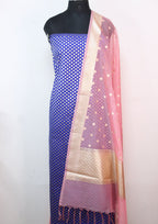 Blue Banarasi Silk Suit With Pink Banarasi Organza Dupatta - Luxurion World