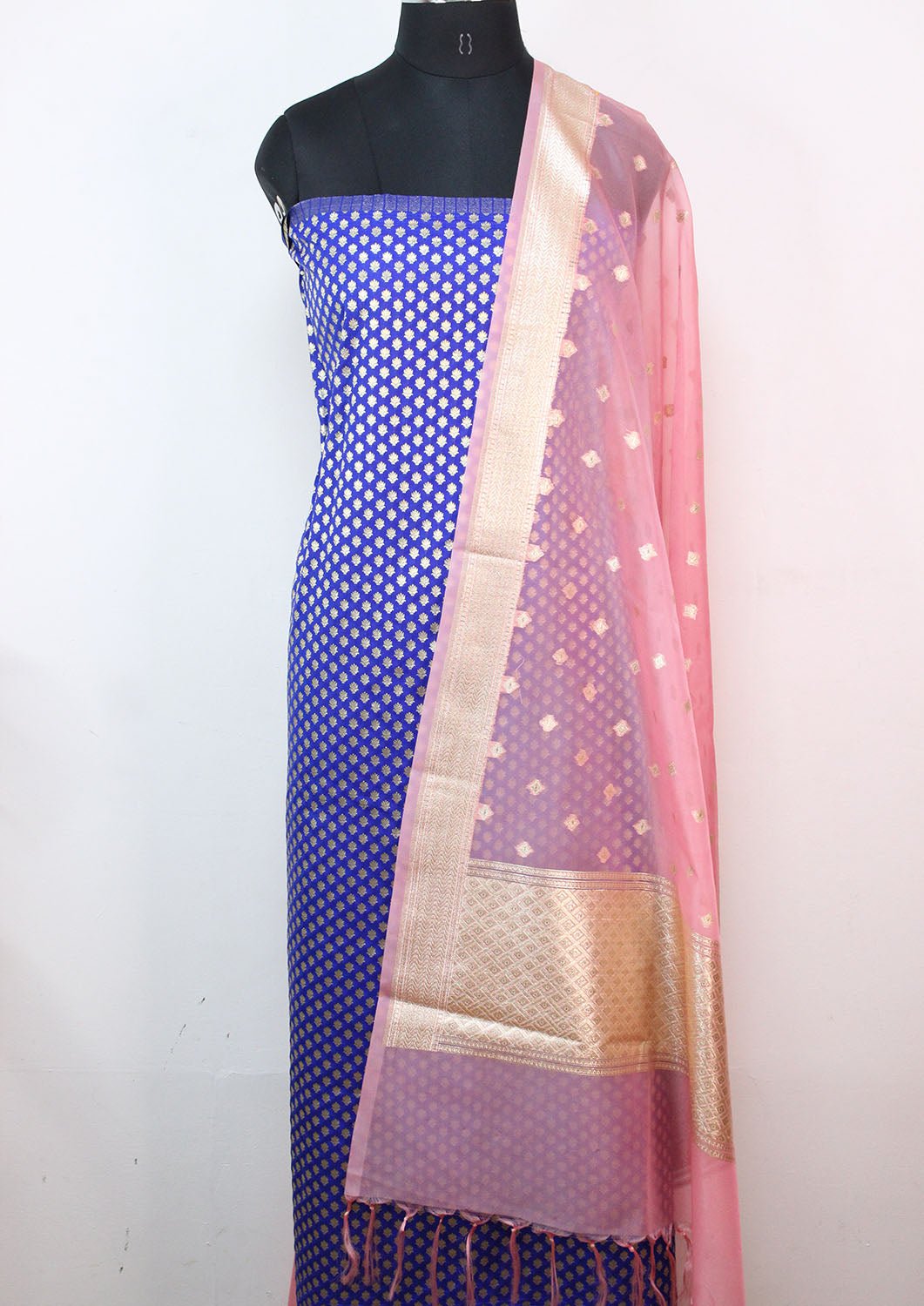 Blue Banarasi Silk Suit With Pink Banarasi Organza Dupatta - Luxurion World