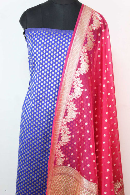 Blue Banarasi Silk Suit With Pink Banarasi Organza Dupatta - Luxurion World