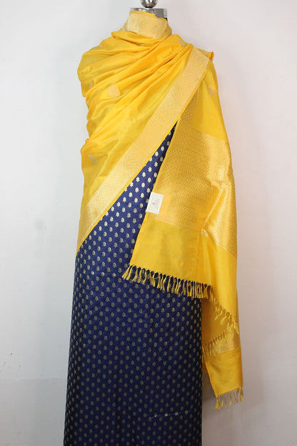 Blue Banarasi Silk Suit With Yellow Handloom Banarasi Pure Katan Silk Dupatta - Luxurion World