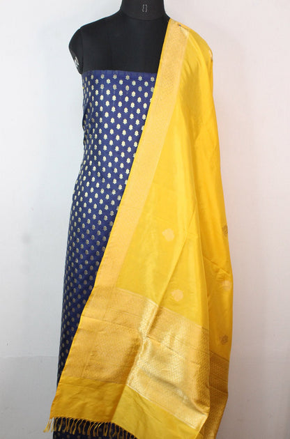 Blue Banarasi Silk Suit With Yellow Handloom Banarasi Pure Katan Silk Dupatta - Luxurion World