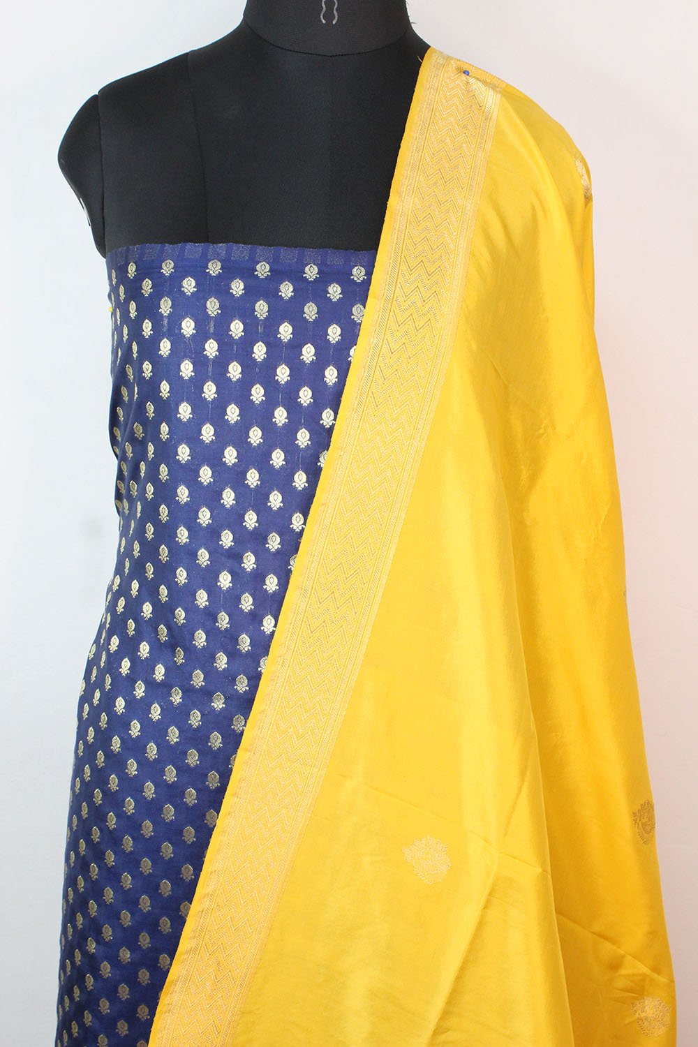 Blue Banarasi Silk Suit With Yellow Handloom Banarasi Pure Katan Silk Dupatta - Luxurion World