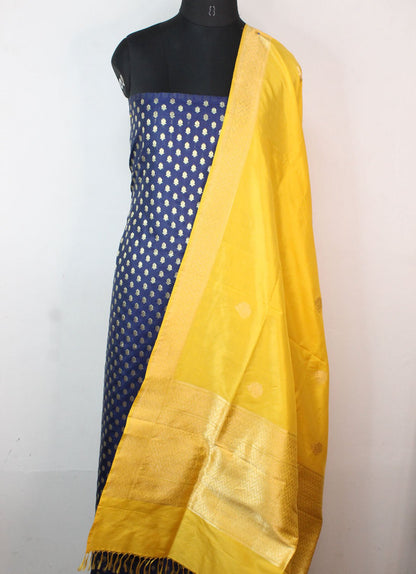 Blue Banarasi Silk Suit With Yellow Handloom Banarasi Pure Katan Silk Dupatta - Luxurion World