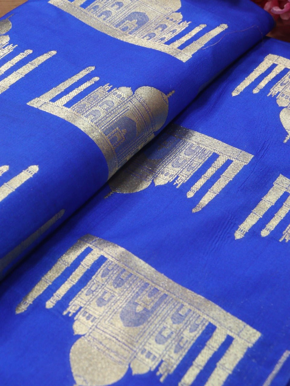 Blue Banarasi Silk Taj Mahal Design Fabric ( 1 Mtr) - Luxurion World