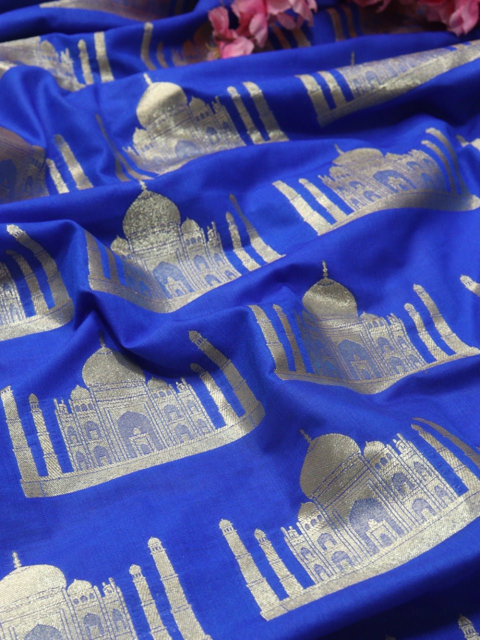 Blue Banarasi Silk Taj Mahal Design Fabric ( 1 Mtr) - Luxurion World
