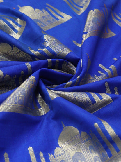 Blue Banarasi Silk Taj Mahal Design Fabric ( 1 Mtr) - Luxurion World